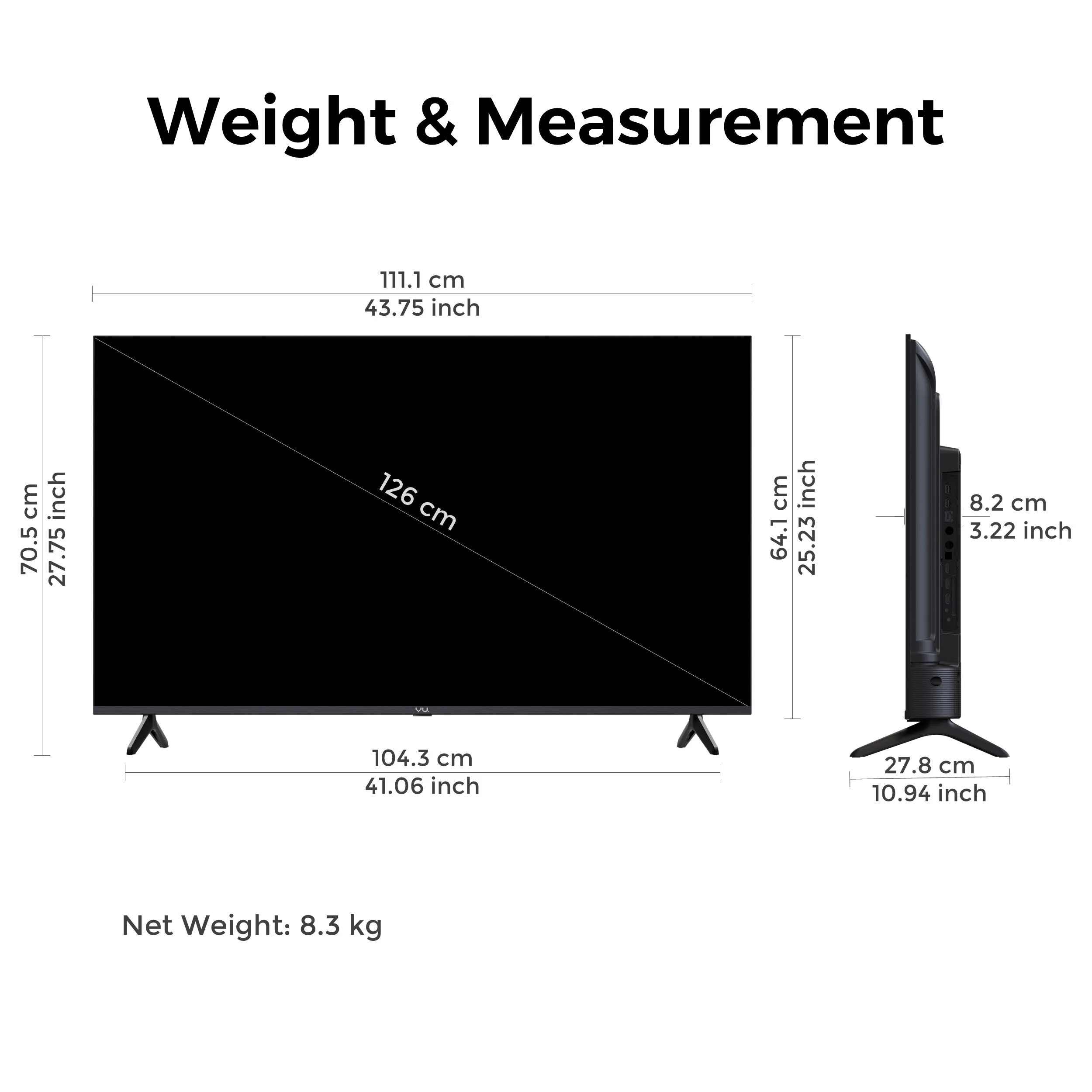 Dimensions and weight specifications of Vu Glo DV TV 50 inch model